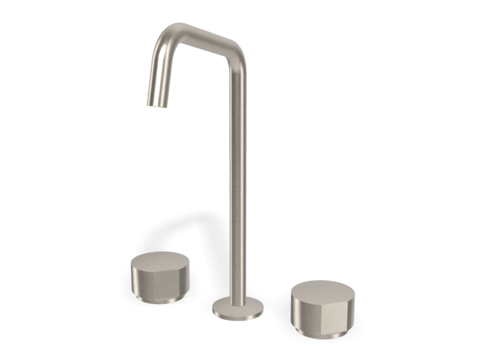 На изображении товар Смеситель для раковины Carlo Frattini SO, без ручек, с вращающимся изливом Ø18 мм, донным клапаном Click-Clack, 2 гибкими шлангами, Н-329 мм, цвет никель брашированный от официального представителя в Москве