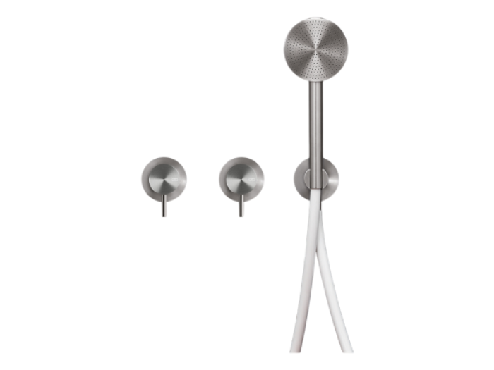 На изображении товар Смеситель для ванны CeaDesign Milo360, настенный, на 3 отверстия, ручной душ Ø 80 мм, шланг в цвете Quartz Grey, внешняя часть, сталь, цвет сатинированная бронза от официального представителя в Москве