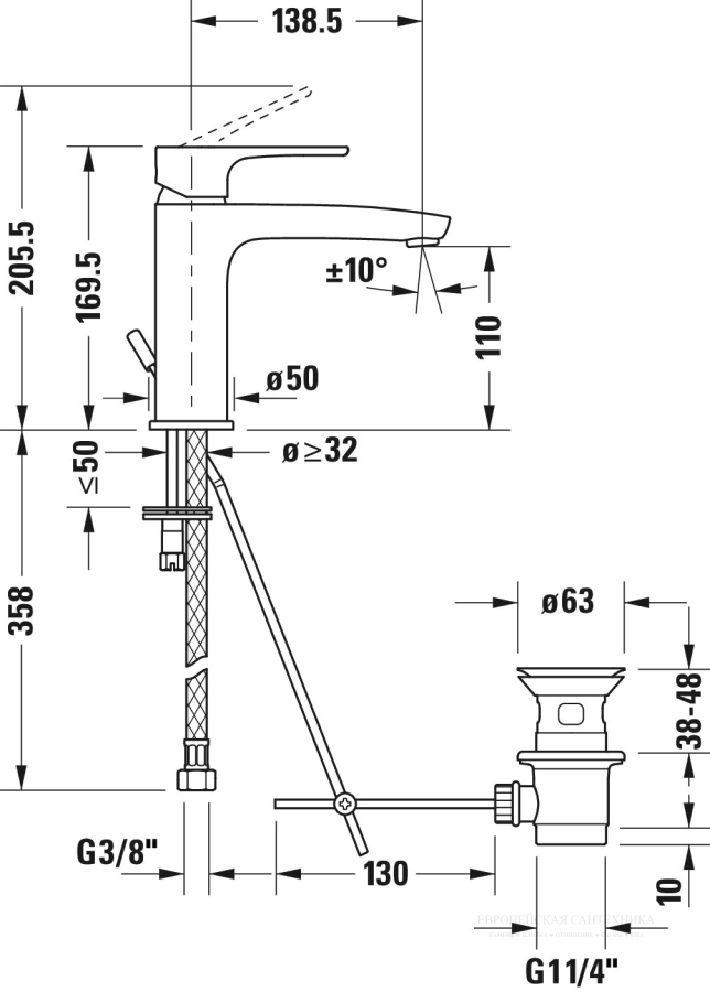 Смеситель для раковины Duravit B.1, однорычажный, h-169 мм, с донным клапаном, цвет хром - изображение 7