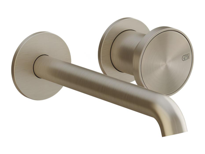 На изображении товар Смеситель для раковины Gessi Origini, настенный, со средним изливом, без донного клапана, цвет Finox Brushed Nickel от официального представителя в Москве