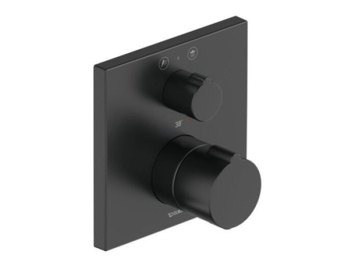 На изображении товар Термостатический смеситель для душа Duravit C.1 внешняя часть, 2 выпуска, квадратная накладка, цвет чёрный матовый от официального представителя в Москве