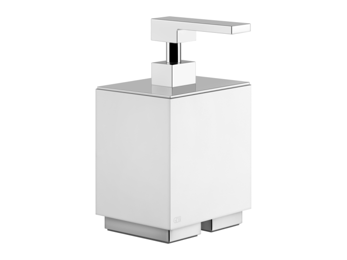 На изображении товар Дозатор для жидкого мыла Gessi Rettangolo, настольный, белый композитный материал, цвет хром от официального представителя в Москве