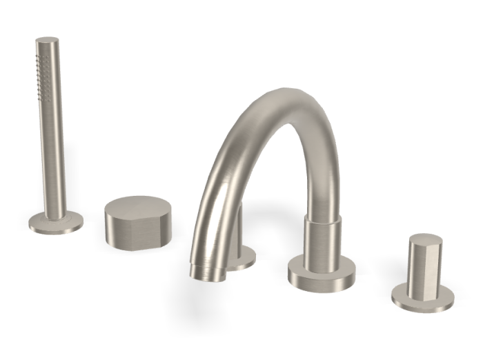 На изображении товар Смеситель для ванны Carlo Frattini SO, на борт, с изливом, вытяжным ручным душем, без ручек, цвет никель брашированный от официального представителя в Москве