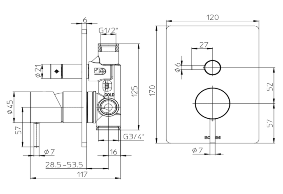 Смеситель для душа Bossini Teo, однорычажный, с механическим переключателем на 2 выхода, соединения 1/2” и 3/4”, внешняя часть, цвет хром - изображение 1