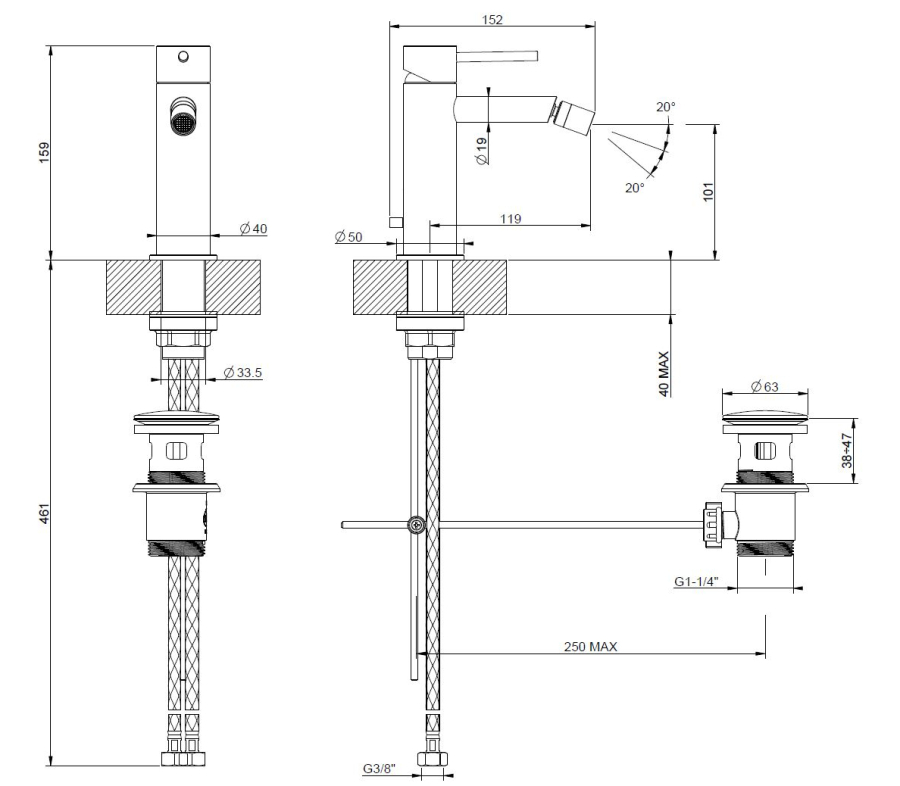 Смеситель для биде Gessi 316 Flessa, однорычажный, Н-159 мм, цвет Copper Brushed PVD - изображение 1