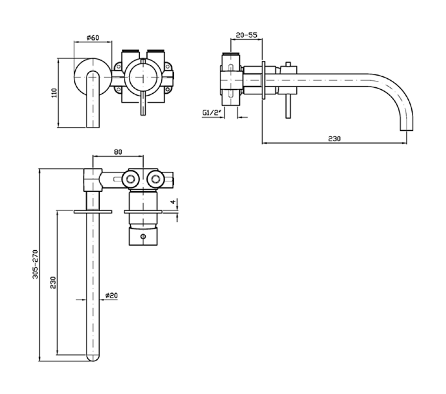 Смеситель для раковины Zucchetti Helm, монокомандный, настенный, на 2 отверстия, излив 230 мм, внешняя часть, цвет Brushed Chocolate - изображение 1