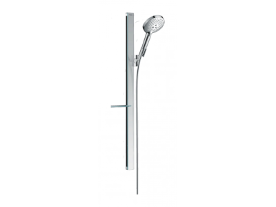 На изображении товар Душевой гарнитур Hansgrohe Raindance Select S 120 3jet, ручной душ, штанга H900 мм, полка, цвет хром от официального представителя в Москве