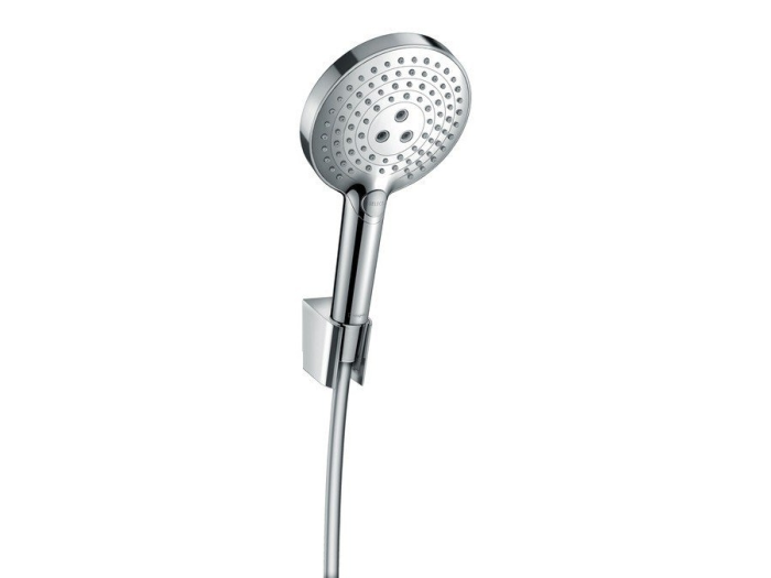 На изображении товар Ручной душ Hansgrohe Raindance Select S 120 3jet, комплект: лейка ручная - 3 типа струи,  держатель, шланг 1,6 м, цвет Хром от официального представителя в Москве