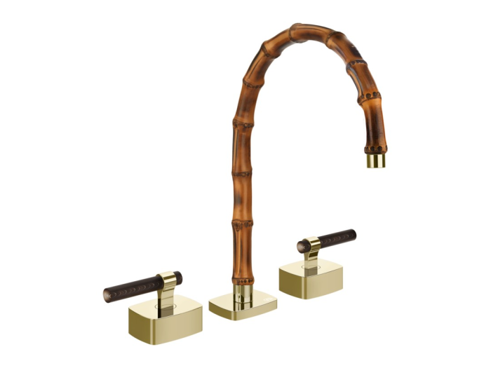 На изображении товар Смеситель для раковины Gessi Jacqueline на 3 отверстия, со средним изливом, с Г-образным вентилем под дерево Brass PVD от официального представителя в Москве