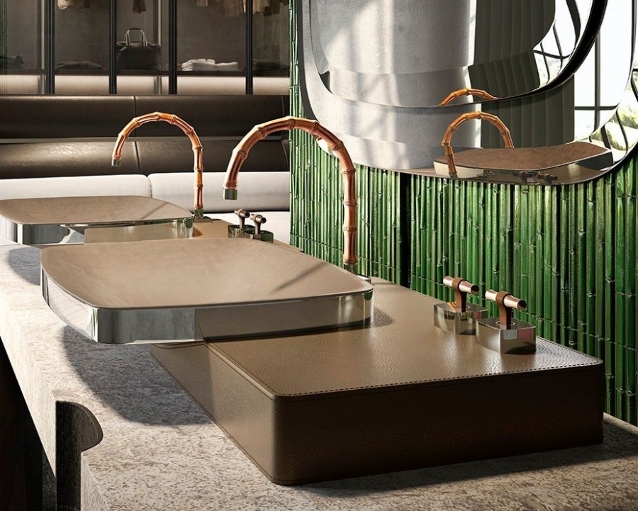 Смеситель для раковины Gessi Jacqueline на 3 отверстия, со средним изливом, с Г-образным вентилем под дерево Brass PVD - изображение 10