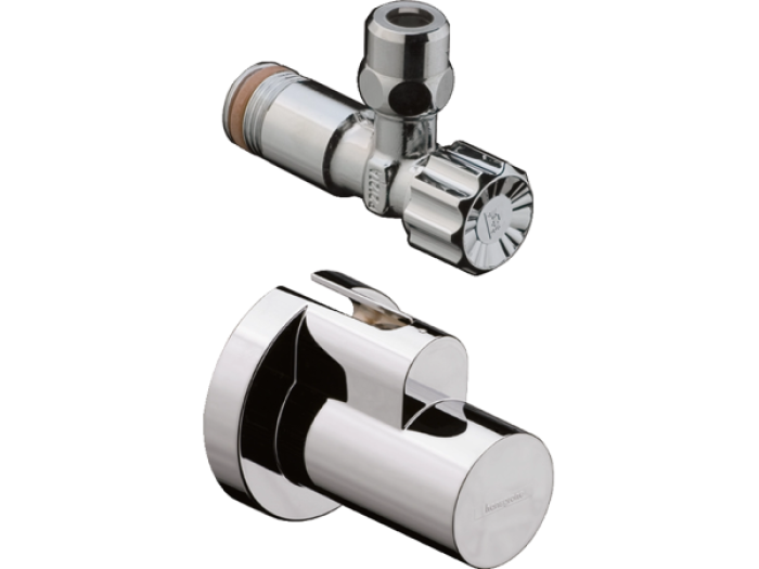 На изображении товар Вентиль угловой Hansgrohe, с цанговым зажимом, с декоративной накладкой, цвет хром от официального представителя в Москве