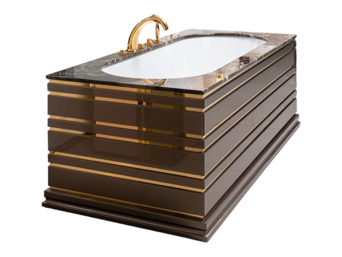 На изображении товар Ванна Oasis Tiffany, 1890х890х660 мм, лакированные панели c 4х сторон, цвет DJ01 и мрамор mistic brown по периметру края ванны, опорный каркас, слив слева от официального представителя в Москве