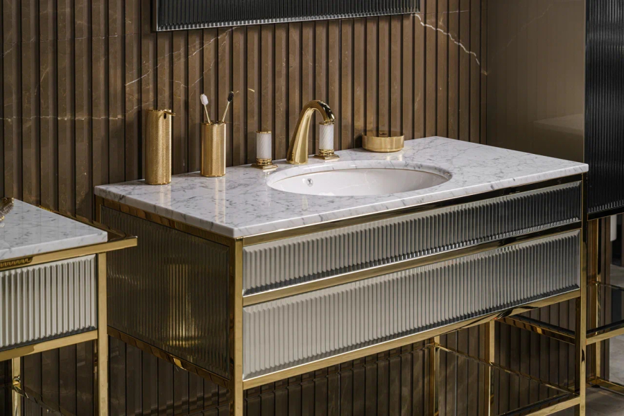 Oasis Bathroom Collection Academy консоль L1100хP530хH840 мм, для раковины, с 1 ящиком, 1 полкой, с декором Specchio Ribbed, отделка золото+столешница, ванна - изображение 3