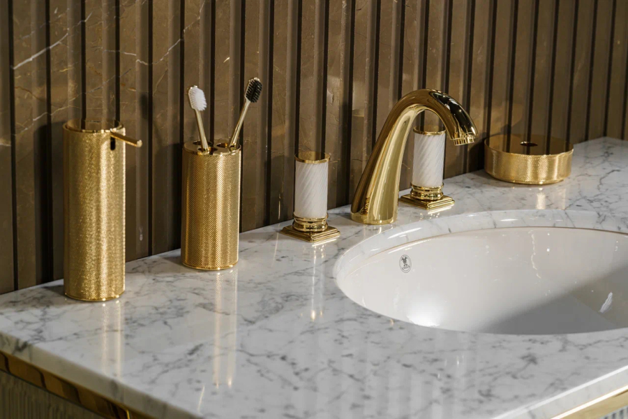 Oasis Bathroom Collection Academy консоль L1100хP530хH840 мм, для раковины, с 1 ящиком, 1 полкой, с декором Specchio Ribbed, отделка золото+столешница, ванна - изображение 4