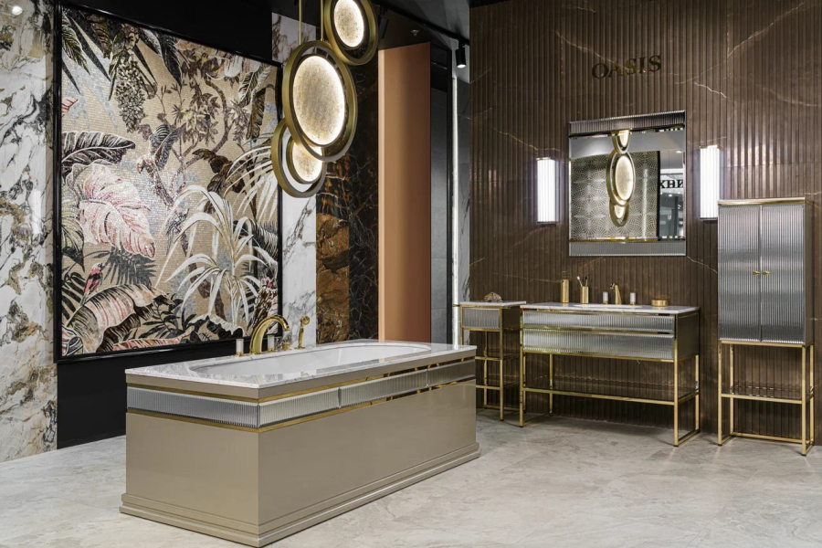 Oasis Bathroom Collection Academy консоль L1100хP530хH840 мм, для раковины, с 1 ящиком, 1 полкой, с декором Specchio Ribbed, отделка золото+столешница, ванна