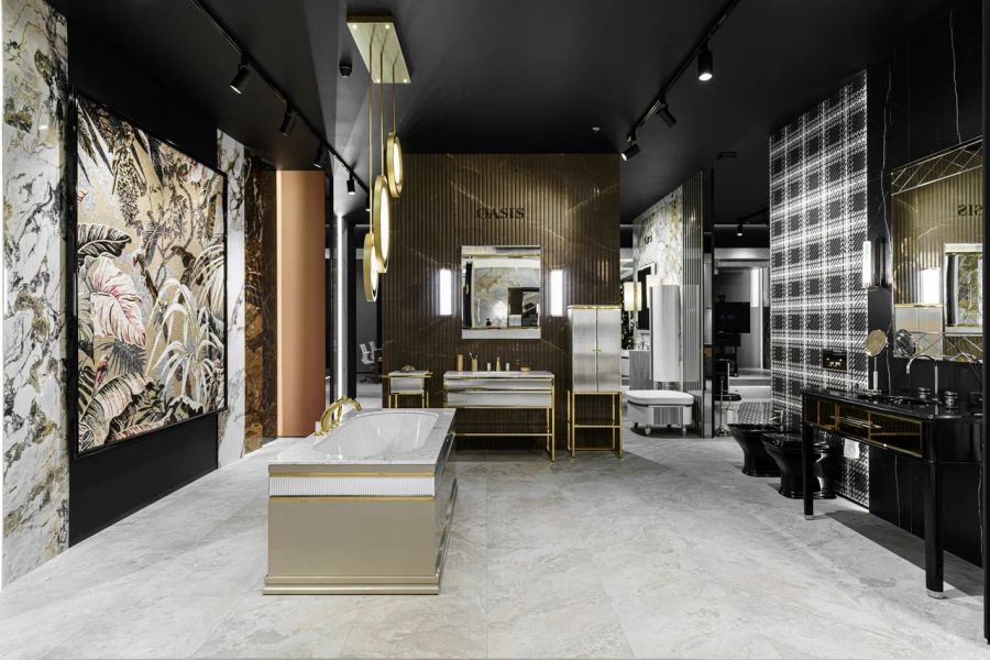 Oasis Bathroom Collection Academy консоль L1100хP530хH840 мм, для раковины, с 1 ящиком, 1 полкой, с декором Specchio Ribbed, отделка золото+столешница, ванна - изображение 2