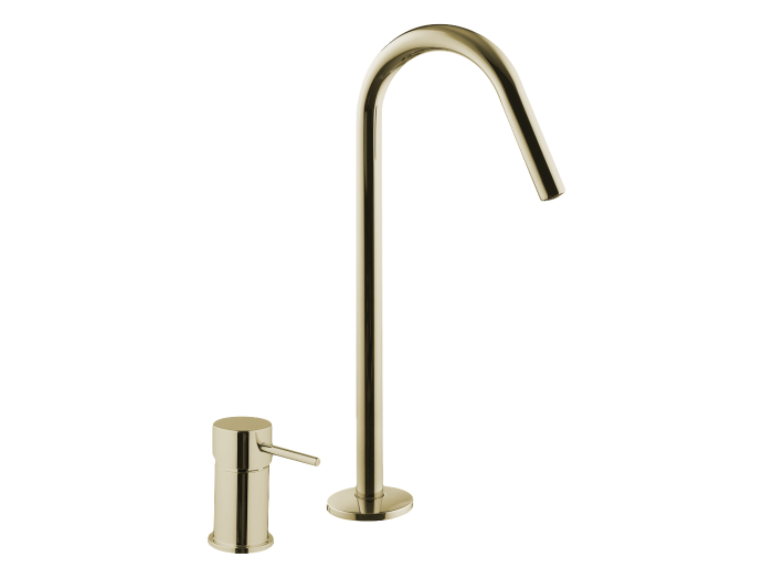 На изображении товар Смеситель для раковины Carlo Frattini Spillo Up , однорыч-й, на 2 отв-я, поворотный излив, 2 гибких шланга, Click-Clack, цвет брашированная шампань от официального представителя в Москве