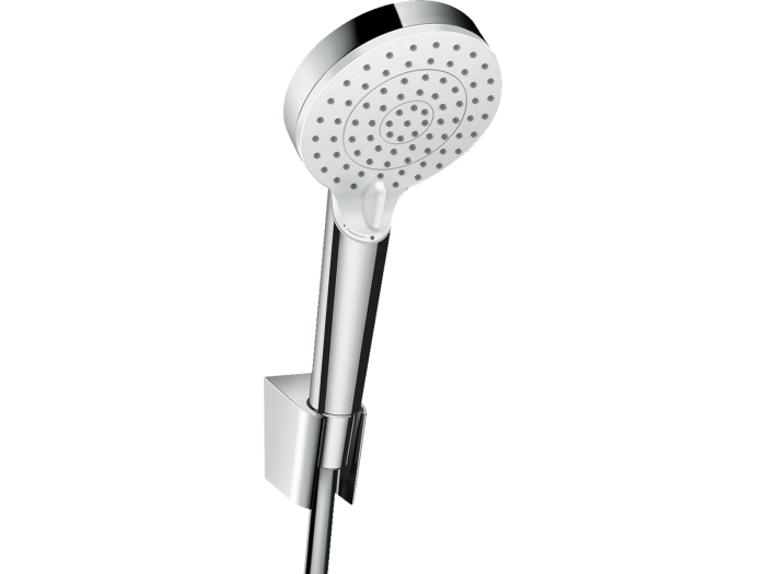 На изображении товар Душевой набор Hansgrohe Crometta Vario Porter: лейка ручная, держатель, шланг, цвет белый/хром от официального представителя в Москве