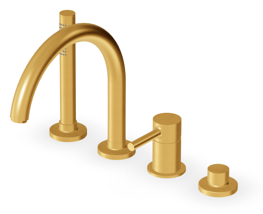 Смеситель Zucchetti Pan, на борт ванны, на 4 отверстия, излив с переключателем, вытяжной душ, гибкий шланг 1500 мм, цвет Brushed Gold