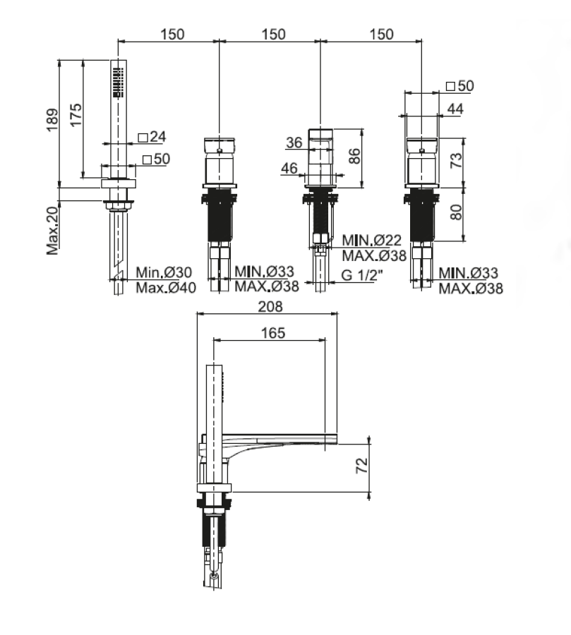 Смеситель для ванны Carlo Frattini Zeta, на борт, на 4 отверстия, двухрычажный, с изливом, вытяжным ручным душем, цвет брашированная бронза - изображение 3