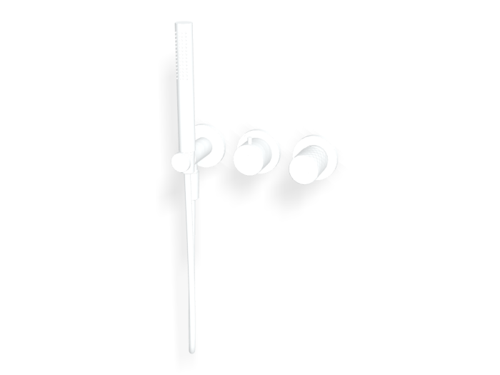 На изображении товар Смеситель для душа Carlo Frattini Spillo Tech, ручка X Collection, на 2 потребителя, с ручным душем, гибким шлангом хромалюкс 1500 мм, внешняя часть, цвет белый матовый от официального представителя в Москве