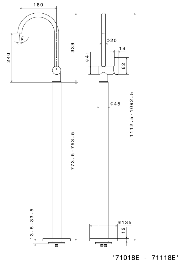 Смеситель для раковины Newform, h1093-1113 мм, напольный, однорычажный, излив 180 мм, внешняя часть, цвет PVD Brushed Pale Gold - изображение 1