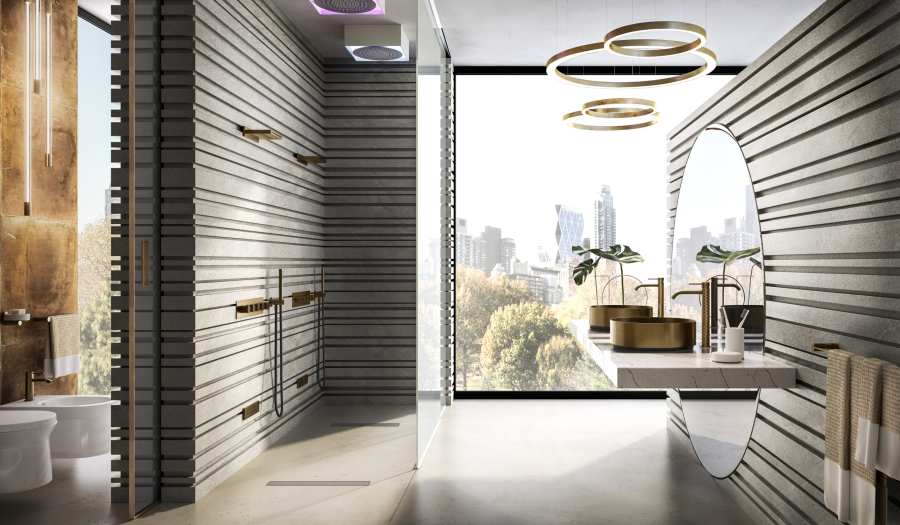 Накладная панель Gessi Afilo, хромотерапия, функция тропический дождь, внешняя часть, Ø350 мм, цвет brushed brass PVD - изображение 1