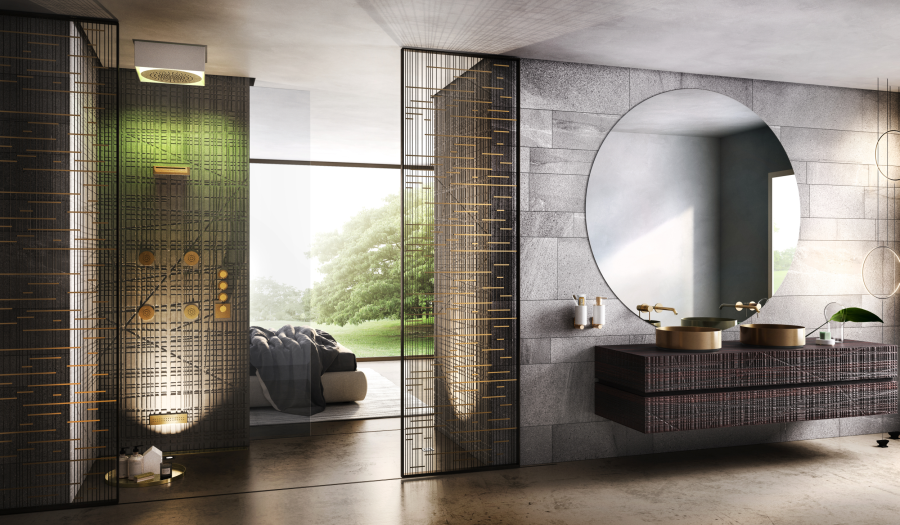 Накладная панель Gessi Afilo, хромотерапия, функция тропический дождь, внешняя часть, Ø350 мм, цвет brushed brass PVD - изображение 3