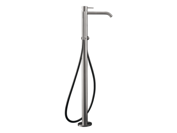 На изображении товар Смеситель для ванны CeaDesign Milo360, напольный, с ручным душем с шлангом в цвете сталь, внешняя часть, сталь, цвет сатинированная сталь от официального представителя в Москве