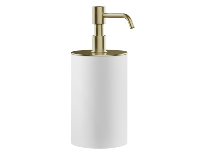 На изображении товар Дозатор для жидкого мыла Gessi Rilievo, настольный, ⌀75хh194 мм, цвет White/Brushed Brass PVD от официального представителя в Москве