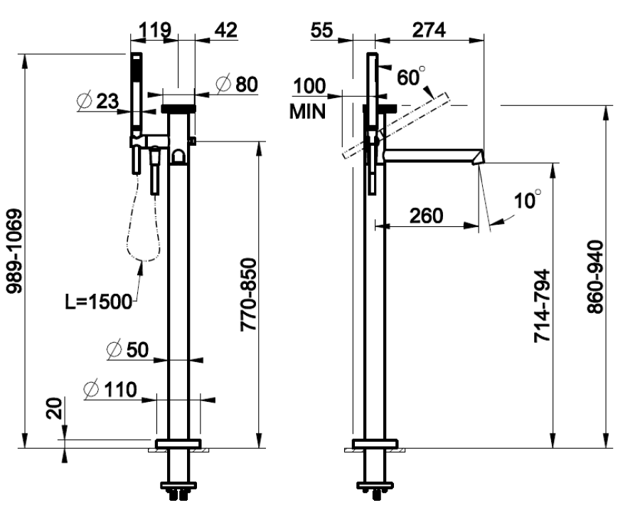 Смеситель для ванны Gessi Anello, напольный, 161х329мм, с душевой лейкой, цвет Copper PVD - изображение 1