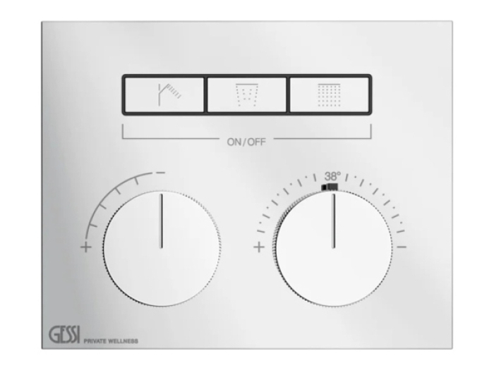 На изображении товар Термостат Gessi HI-FI, до 3 функций одновременно, с кнопками вкл/выкл, встраиваемый, внешняя часть, цвет Сhrome от официального представителя в Москве