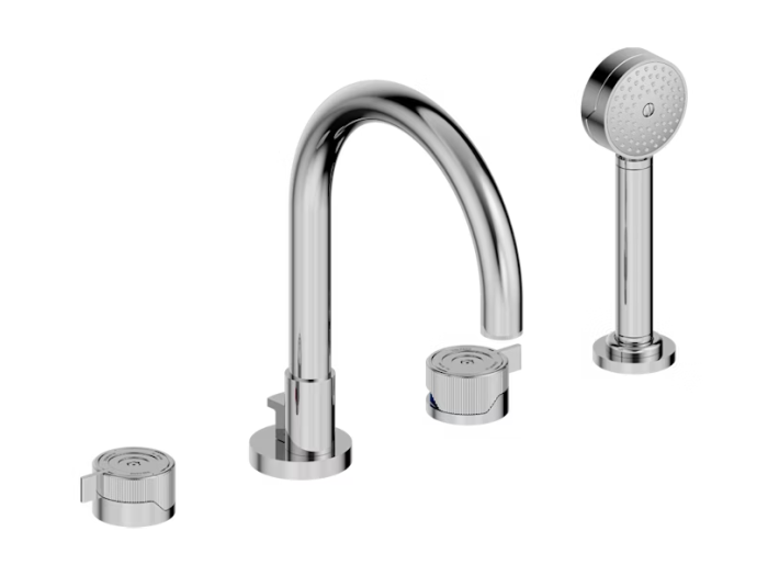 На фото Cмеситель для ванны THG Zoom.7, на 4 отверстия, высокий излив, с ручным душем, цвет Graphite PVD На изображении товар Cмеситель для ванны THG Zoom.7, на 4 отверстия, высокий излив, с ручным душем, цвет Graphite PVD от официального представителя в Москве