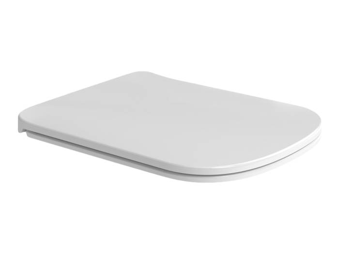На изображении товар Сиденье для унитаза Flaminia Play Slim, быстросъёмное, с механизмом плавного закрывания soft-closing, цвет белый от официального представителя в Москве