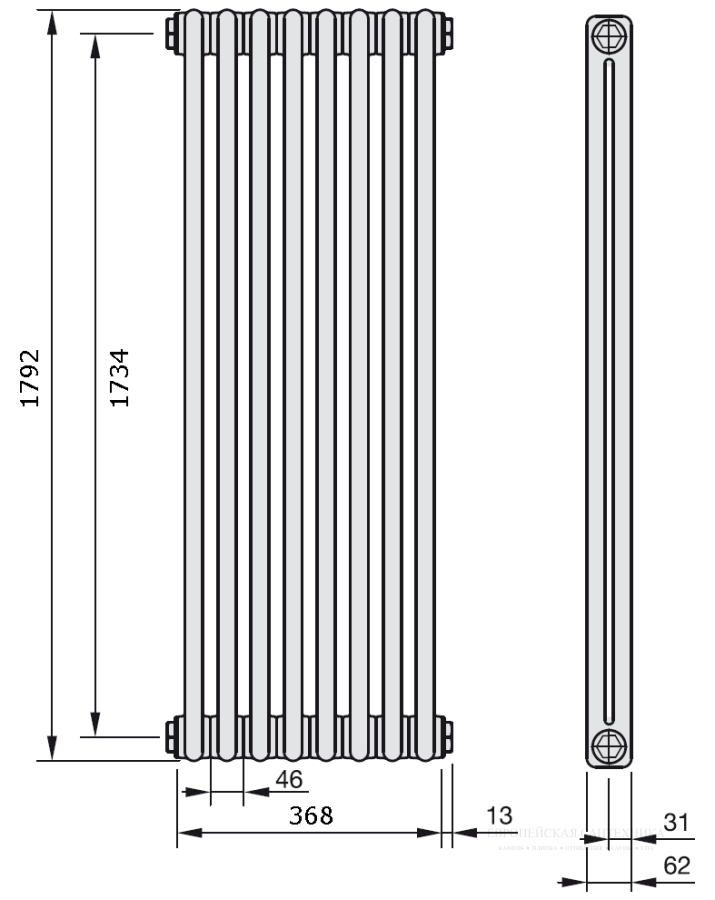 Радиатор отопления Zehnder Charleston 2-трубчатый 2180-08 секций 1792x394x62 , боковое подключение 1270, прозрачный лак TL 0325 - изображение 2