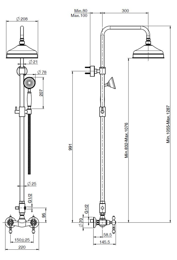 Душевая система Carlo Frattini Elizabeth/Epoque: смеситель, верхний Ø200 мм и ручной душ, шланг из латуни 1500 мм, стойка Н-1055-1287 мм, цвет золото - изображение 1