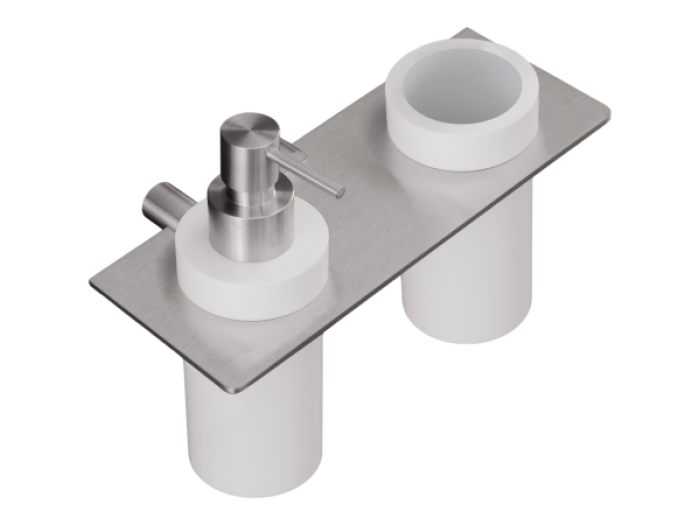 На изображении товар Полка-держатель с дозатором для жидкого мыла CeaDesign Stem, настенная, Delrin®, со стаканом для зубных щёток, L. 200 мм, сталь, цвет сатинированная сталь от официального представителя в Москве