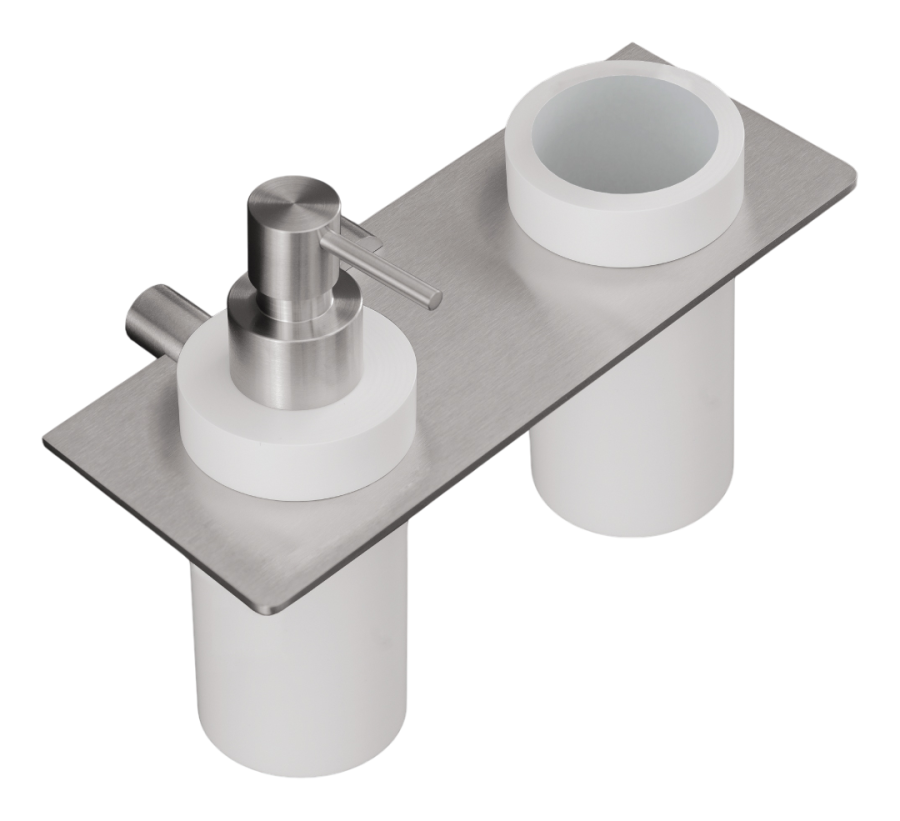 Полка-держатель с дозатором для жидкого мыла CeaDesign Stem, настенная, Delrin®, со стаканом для зубных щёток, L. 200 мм, сталь, цвет сатинированная сталь