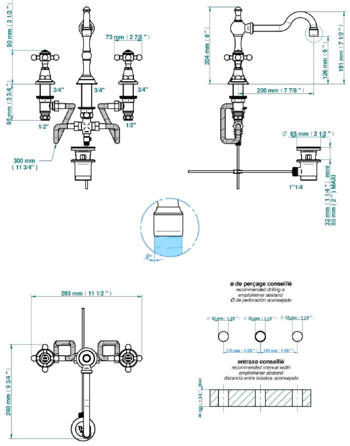 Смеситель для раковины THG 1900, на 3 отверстия, с поворотным изливом, с донным клапаном, цвет хром - изображение 3