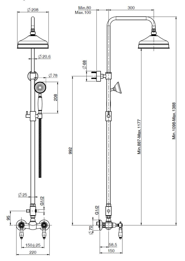 Душевая система Carlo Frattini Herend, смеситель, стойка с верхним душем Ø200 мм и душевым комплектом, керамические ручки, цвет хром - изображение 1