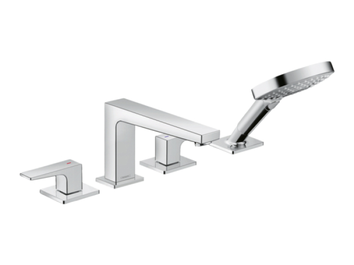 На изображении товар Смеситель на борт ванны Hansgrohe Metropol, на 4 отверстия, ручной душ, держатель для душа, встраиваемый, внешняя часть, цвет хром от официального представителя в Москве