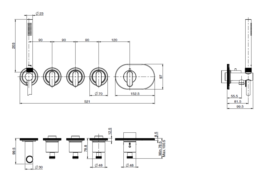 Термостат для душа и ванны Carlo Frattini Park Lane, встраиваемый, однорычажный, на 3 потребителя, с ручным душем, внешние части, цвет хром - изображение 3