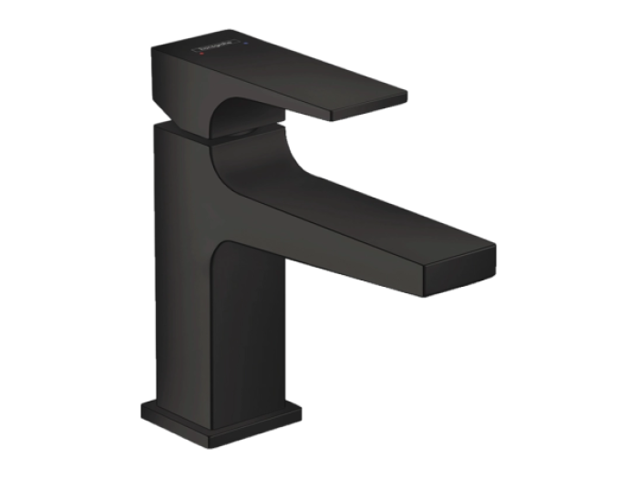 На изображении товар Смеситель для раковины Hansgrohe Metropol, однорычажный, Н. 184 мм, со сливным клапаном Push-Open, цвет черный матовый от официального представителя в Москве