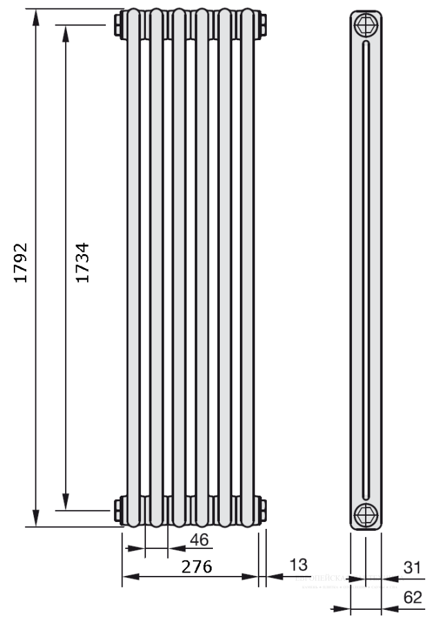 Радиатор отопления Zehnder Charleston 2-трубчатый 2180-06 секций 1792x302x62 , боковое подключение 1270, белый Ral 9016 - изображение 2