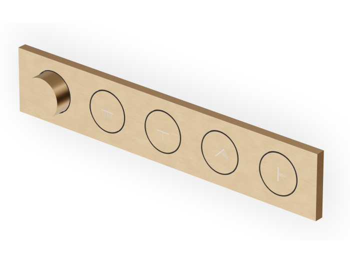 На изображении товар Термостат Zucchetti Hoop,  для душа, встраиваемый, горизонтальный/вертикальный монтаж, на 4 потребителя, внешняя часть, цвет Brushed British Gold PVD от официального представителя в Москве