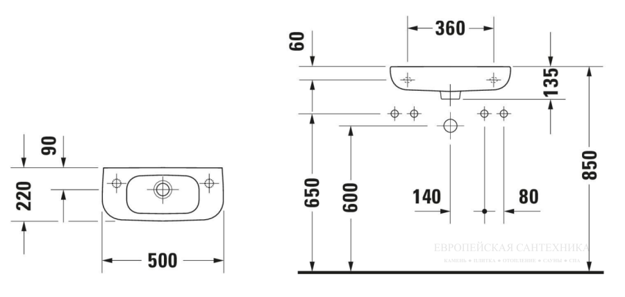 Раковина Duravit D-Code для рук, 500х220 мм, 1 отверстие под смеситель справа, цвет белый - изображение 3