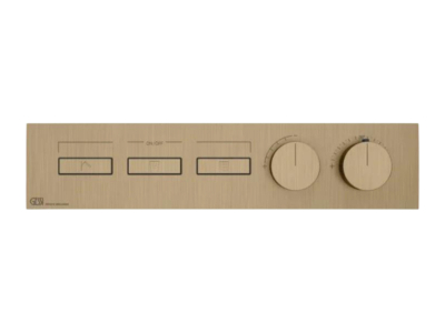 На изображении товар Термостат Gessi HI-FI, с кнопками вкл/выкл, до 3 функций одновременно, внешняя часть, ширина 455 мм, цвет Warm Bronze Brushed PVD от официального представителя в Москве
