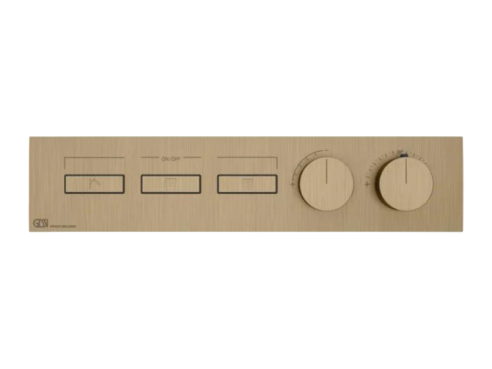 На изображении товар Термостат Gessi HI-FI, с кнопками вкл/выкл, до 3 функций одновременно, внешняя часть, ширина 455 мм, цвет Warm Bronze Brushed PVD от официального представителя в Москве