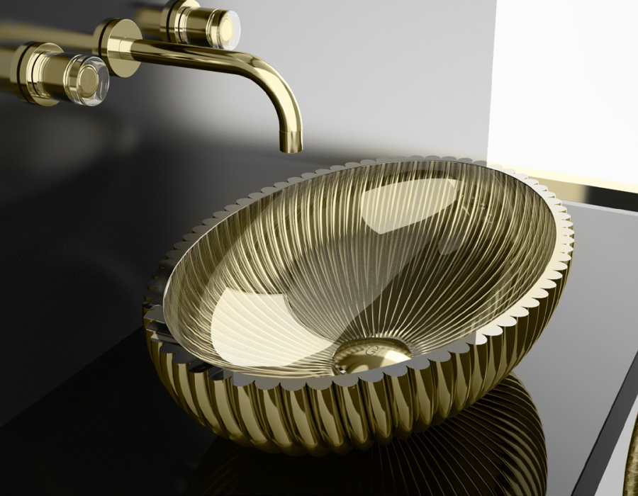 Раковина Glass Design Premium Lux, накладная, 530x350 мм, включает донный клапан и опорное кольцо, хрусталь цвет золото, фурнитура цвет золото