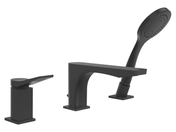На изображении товар Смеситель для ванны Gessi Rilievo, на 3 отверстия с переключателем, изливом, выдвижным ручным душем, цвет Matte Black от официального представителя в Москве